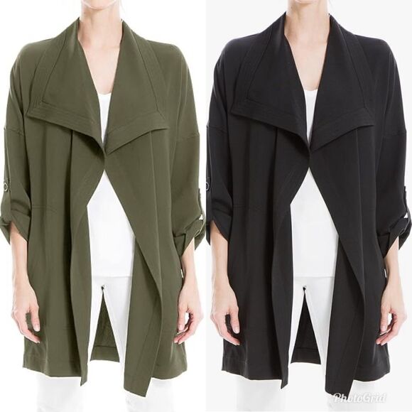 Max Studio Plus Size Twill Draped Long Jacket, Ash Gray Grey - Picture 1 of 7